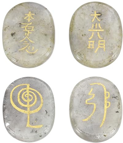 QUARKZMAN 4 Piezas De Piedras De Chakra Grabadas Con Símbolos De Reiki | Piedras De Labradorita Cristales De Sanación Reiki Piedras Preciosas, 7 Piedras De Chakra, Piedras Pulidas Para Palma