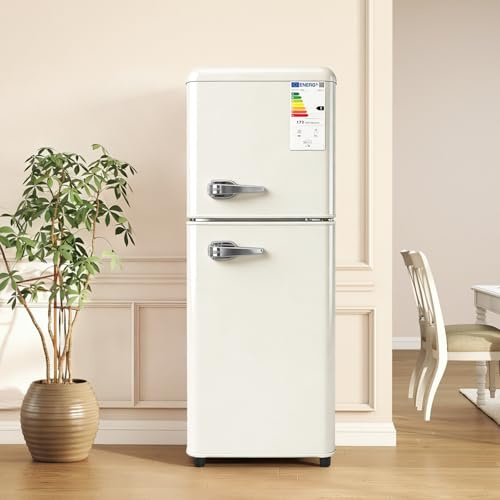 Sweiko Réfrigérateur à double porte (112 litres), compartiment réfrigérateur 72 litres + compartiment congélateur 40 litres, 7 niveaux de réglage de la température, classe énergétique E (Off White)