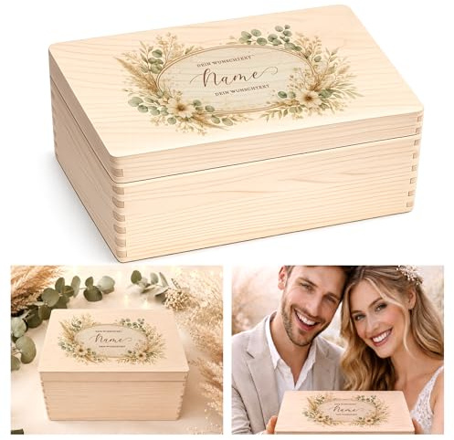 Personalisierte Holzbox mit Name & Wunschtext – Erinnerungskiste mit 3 Angaben – Individuelle Geschenkbox für Hochzeit, Geburtstag, Abschied, Dankeschön, Taufe und mehr (Wunschtext Erwachsene)