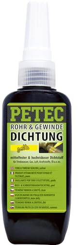 PETEC Rohr- & Gewindedichtung flüssig hochfest Gewinde Dichtmittel in gelb | 50 g anaerobe Schraubensicherung hitzebeständig Sanitär Dichtung zum Sichern von Metall Schrauben 97217