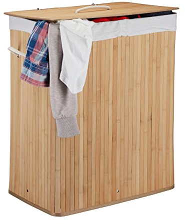 Relaxdays Wäschekorb Bambus mit Deckel, rechteckiger Wäschesammler, 2 Fächer, 95 l Volumen, faltbare Wäschebox, Farbwahl