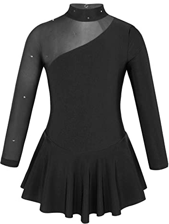 MSemis Vestido Patinaje de Manga Larga para Niña Leotardos de Danza Maillot con Falda Gimnasia Rítmica con Pedrería Brillante Disfraz de Bailarina 4-16 Años A Negro 12 años