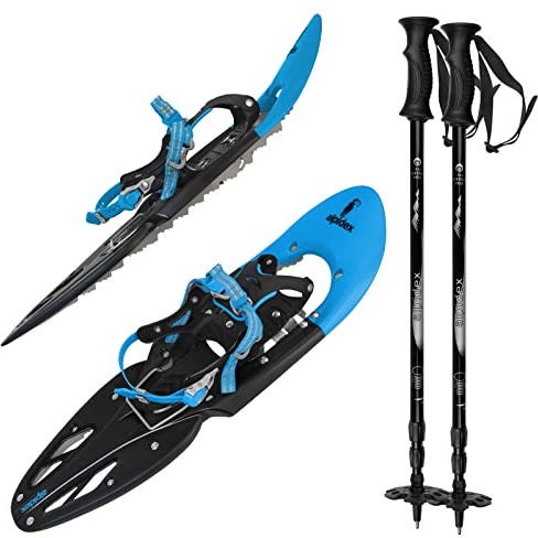 ALPIDEX Schneeschuhe 29 Zoll Schuhgröße 38-46 bis 140 kg Steighilfe | Just-Lock, Carbonstahl Frontzacken, Double-Traction, Schneeschuhwandern, Winterwandern, Teleskopstöcke, Tragetasche