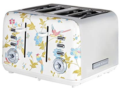 Laura Ashley Elveden White 4 Slice Toasters Wide Slots By VQ - Multi Functional 4 Slot Toaster Stainless Steel with 7 Variable Browning Control, Defrost & Reheat Mode - Bread Toaster with Warming Rack