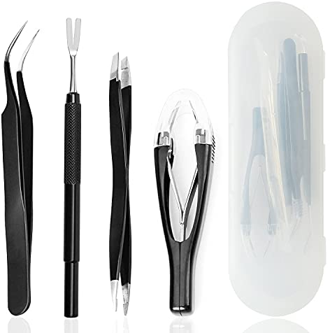 MEISO 4 Stücke Edelstahl Zeckenentferner Set Schwarz Zeckenpinzette Zeckenhaken für Mensch, Hunde, Katzen (mit Aufbewahrungsbox)