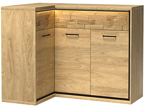 Mirjan24 Eckkommode Berspe BP15O, Kommode, Mehrzweckschrank, Anrichte für Diele und Flur Esszimmerkommmode, Gedämpftem Schließsystem, Seite: Rechts (Hikora Natur + Holzdekor, mit LED Beleuchtung)