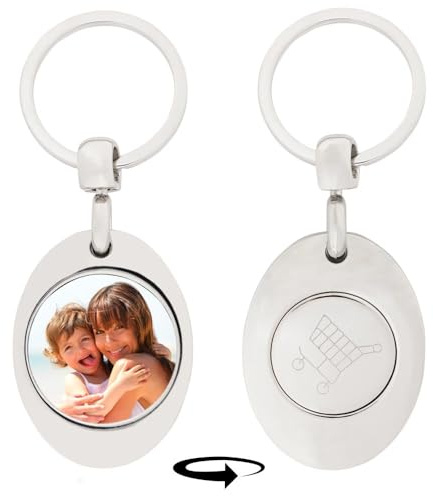 Porte-clés personnalisé avec Photo avec jeton Caddie intégré – Porte-Clef métal argenté Pratique avec Impression Photo - Accessoire Pratique Original