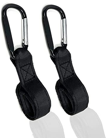 plastific Pack of 2 Universal Large Buggy Clips Pram Pushchair Stroller Clips - Organizer for Hanging Purses, Shopping Bags, Clip Fits Single, Car Seats (Black - Buggy Clip with Strap)