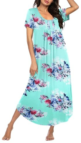 Ekouaer Long Nightgowns for Women Soft House Dress Pleated Front Nightshirt Full Length Loungwear Blue Flower XL