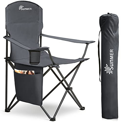 SUNMER Folding Camping Chairs, Extra Wide Lightweight Outdoor Chairs with Armrests and Cup Holder, 120 kg Capacity - Dark Grey