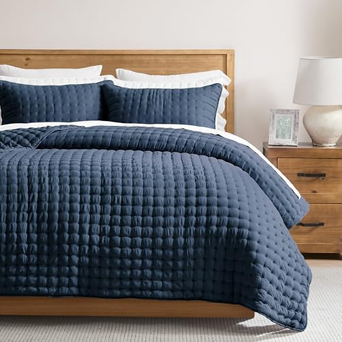 WDCOZY Marineblaues Queen-Size-Bettwäsche-Set mit Kissenbezügen, leichte, weiche Tagesdecke, gesteppte Decke, dünne Steppdecke, Bettdecke, für alle Jahreszeiten, Sommer, Frühling, 3-teilig, 228,6 x