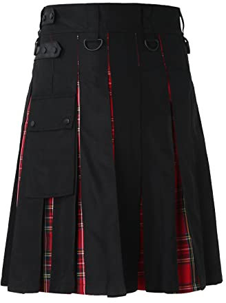 Skotsk kilt, klassisk kjol, rutig kjol för män, med fickor, kort skotskjol, rutig, kilt, skotsk klassisk med kontrastfickor, skotsk stil, individualitet, vintage, V röd, XXL