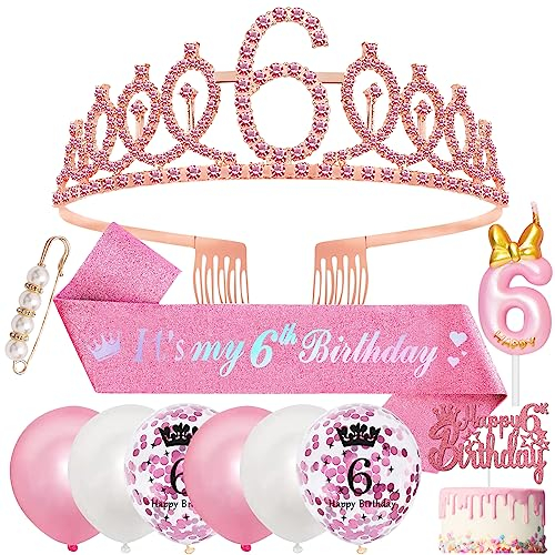 Décoration 6 Ans Fille - Écharpe, Couronne, Ballons, Bougie, Cake Toppers Happy 6th Birthday, Épingle à Perles - Pour Anniversaire Princesse