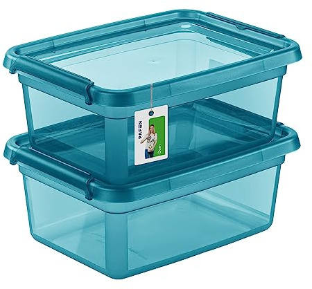 PAFEN 2x Förvaringslåda med lock 12,5l - 38x28,5x16cm - Lådor Förvaring Stapellådor med stängningsclips Plastbehållare Klädboxar Transparent Organiser | Cyan