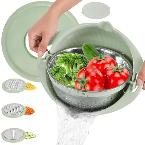 Fyeme Colador de Cocina Multifunción 3 en 1 con Cuenco, de Acero Inoxidable para Pasta, Frutas y Verduras, con 3 Ralladores y Escurridor (Verde)