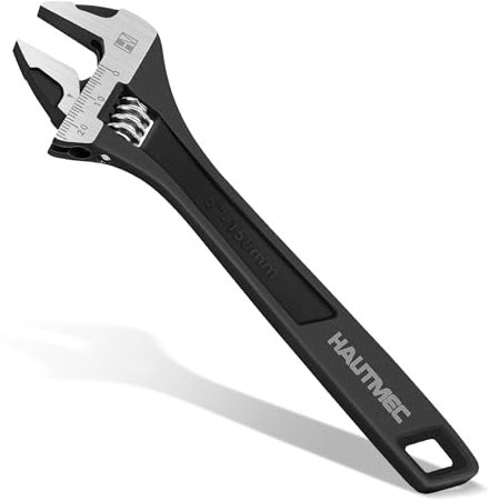 HAUTMEC Small Adjustable Spanner Wrench 150mm(6in) Adjustable Wrench Extra Wide Jaw Black Oxide Wrenches Drop-Forged CR-V Steel Metric & SAE Scales Portable for Home Garage Workshop and DIY HT0372
