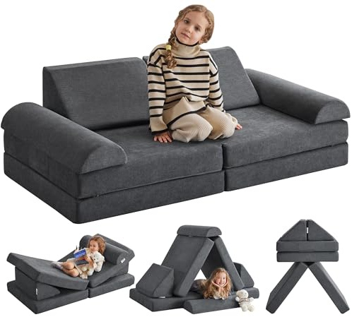 Erigiak Kids Couch Play Couch Large, Miss Fabric Modular Foam Floor Sofa Soft Play Equipment, Convertible Sofa Bed and Playhouse