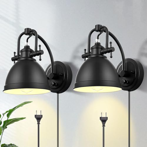 Wandlampe Metall Vintage Dimmbar Innen Wandleuchte mit Stecker und Schalter, Verstellbare Nachttischlampe E27 Retro Industrial Lampe Leselampe Wand für Wohnzimmer Schlafzimmer Flur, Schwarz,2 pack