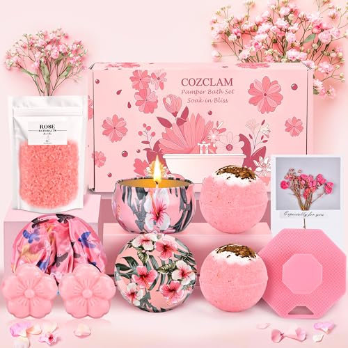 COZCLAM Rosa Wellness Geschenke für Frauen, Verwöhnendes Badeset Frauen mit Badesalz, Seifen, Kerze, Badebomben, Silikonbürste und -kappe