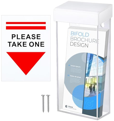 Remerry 1 Pcs Outdoor Brochure Holder 4 x 9 Inch Waterproof Wall Mount with Take One Sticker Literature Box with Clear Pamphlet Holder Acrylic Brochure Flyer Display Map Menu Envelope (White)