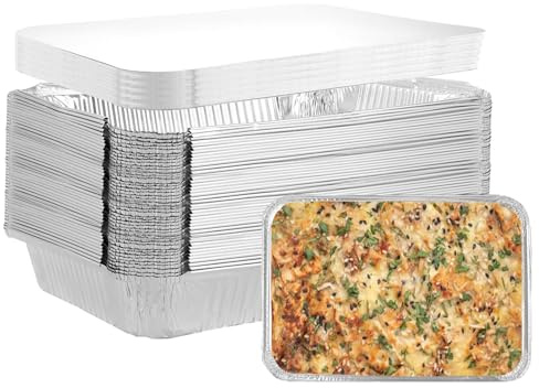 LDHHYH Pack de 40 Bandejas Aluminio Desechables con Tapa 2200 ml, Envases Desechables para Alimentos, Bandeja Horno Rectangular 30,5 x 21,5 cm para Asar, Cocinar y Llevar Comida