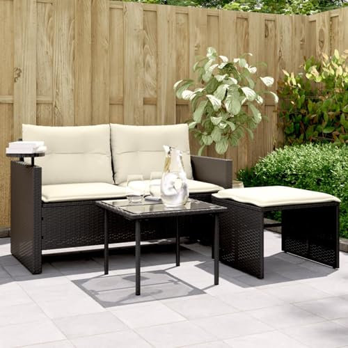 IKAYAA Balkon Sofa Gartensofa mit Tisch und Hocker Gartenbank Rattan Sofa 2 Sitzer Lounge Sofa Outdoor Balkonsofa Sitzlounge Couch Balkon Lounge Klein Balkonmöbel Rattansofa Gartenlounge