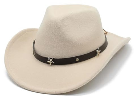 QOHNK Westernhut Cowboyhut für Damen und Herren, Outdoor-Reise, gerollte Krempe, Filzhut, Fedora-Hüte, beige, Einheitsgröße