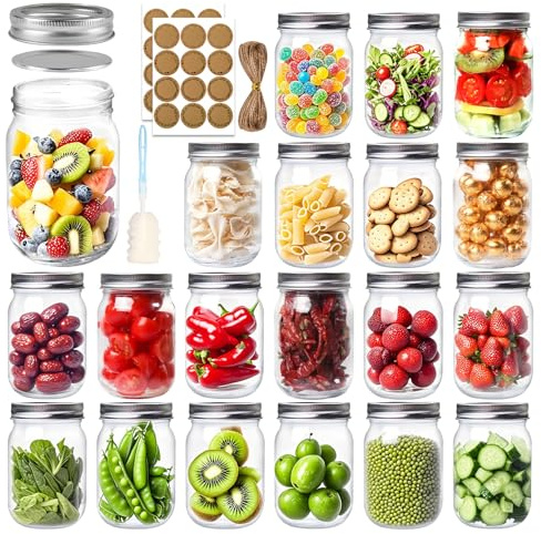 PINIWON 12 oz Mason Jars with Lids and Bands, 20 Pack Regular Mouth Canning Jars, Clear Glass Jars for Canning, Pickling, Food Storage, DIY Projects, 36 Labels, Brush & String Included