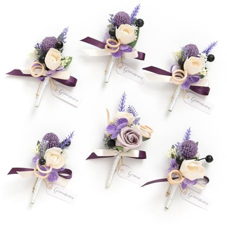 Ling's moment Boutonniere für Männer ansteckblume bräutigam, 6 Stück Bräutigam Trauzeugen Boutonniere, künstliche Blumen für Hochzeitsdekoration/Abschlussball/Heimkehr usw. Lila Lavendel Flieder