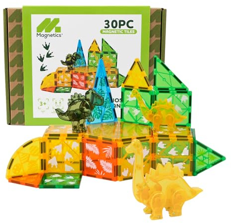 Leftfield Toys Magnetics | Dino Set | 30 Piece Magnetic Tile Building Set – Dinosaur-Themed Construction Toy for Children Ages 3+ Years