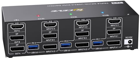 ESKEVE KVM Switch 3 Monitors 3 Computers 8K@60Hz 4K@144Hz, Triple Monitor KVM Switch for 3 Computer Sharing 3 Monitors and 4 USB3.0 Devices, With Power Adapter, Wired Remote Control and 3 USB Cables