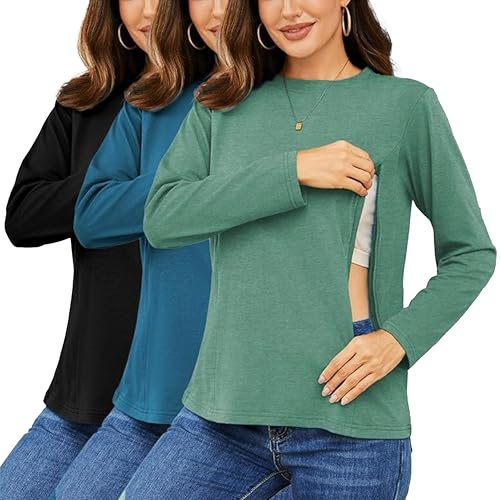 Love2Mi 3er Pack Damen Langarm Stillshirt mit Reißverschluss Umstandsmode zum Stillen T-Shirts fur Schwangere