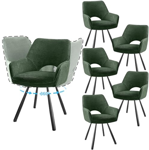JIJIAN 6er Set 360° Drehbare Esszimmerstühle mit Armlehnen, Grün | Drehbar Stühle Esszimmer mit Metallbeinen, Moderner Küchenstuhl aus Cord, Polsterstuhl für Esszimmer, Küche, Wohnzimmer
