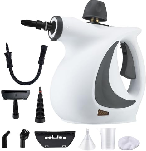 Limpiador a Vapor de Mano, Limpiador de Tapicerías, 1050W, con Juego de Accesorios de 9 Piezas, Adecuado para Limpieza Profunda de Hogares, Coches, Sofás y Baños, Gris-Blanco