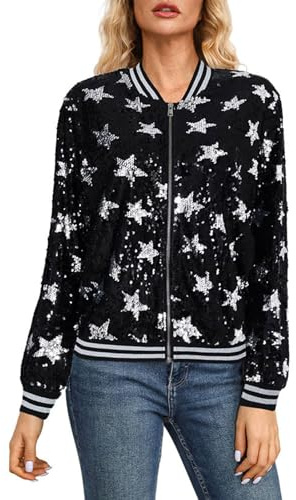 Generisk baseballjacka för damer, paljetter, bomberjacka med glitter, utomhusjacka, karneval, paljettjacka, bekväm fritidsjacka med dragkedja, glitterjacka, trendig karnevalsoutfit, silver, XXL