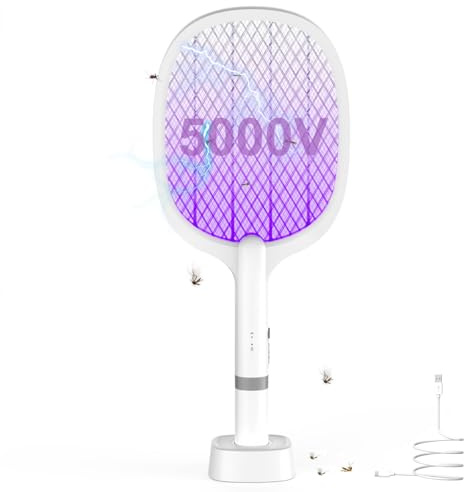 Elektrische Fliegenklatsche 5000V：2 in 1 Fliegenklatsche Elektrisch Extra Stark mit USB C Ladebasis & UV Lichtfalle, Elektrischer Fliegenfänger für Innen & Außen Mücken/Fliegen/Motten/Camping/Haushalt