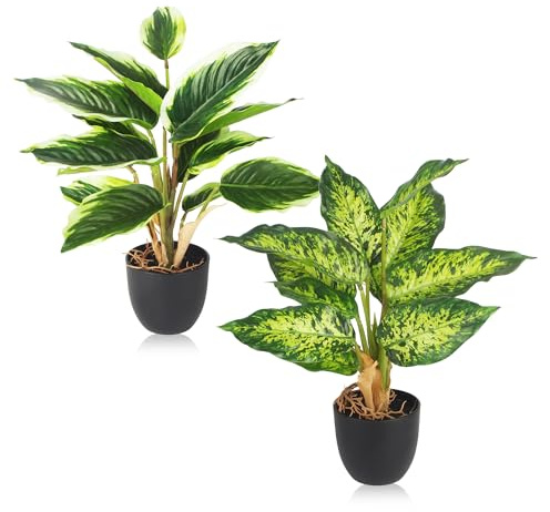 JIYANA Set di 2 Piante Finte da Interno con Vaso Nero, 37cm Pianta Finta da Interno Realistica 14 Foglie Ciascuna, Piante Artificiali da Interno per Decorazione Casa Ufficio Soggiorno