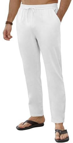Yutdeng Pantalon Lino Hombre Verano Casual Pantalones de Hombre Largos Ligeros Piernas Rectas Algodón y Lino Pantalones Deportivos Cintura Elástica Cómodos Pantalón Playa Jogging Yoga con Bolsillos