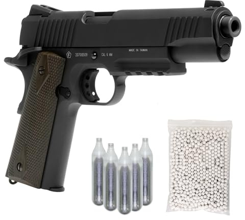 1911 Tactical Series pistola softair CO2 full metal scarrellante, 5 bombolette e 1000 pallini, caricatore 15 pallini, slitta sotto canna, sicura, POTENZA 0,9 JOULE