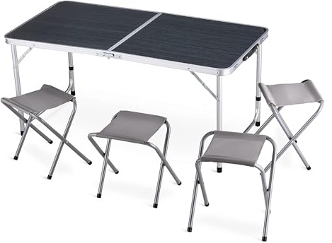 IlGruppone Set Tavolo Pieghevole da Campeggio con 4 Sgabelli, Altezza Regolabile 54-71 cm, Tavolo Richiudibile a Valigia 120x60 cm, Struttura in Alluminio, Portatile per Camping, Picnic e Giardino