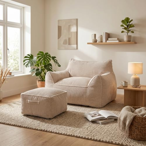 PREMTURE 117cm XL Floor Sofa Bean Bag Chair with Footstool - Corduroy Lounge Set, Grey White