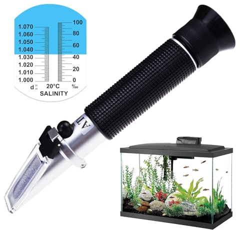 Optik Salzgehalt 0-10% Refraktometer mit ATC, Dual Scale (1.0 bis 1.070 Dichte / 0-100ppt) für Salz Meerwasser Aquarium, Marine-Industrie, mit LED-Licht und Pipetten