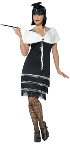 Smiffys Disfraz de años 20, negro, con vestido, diadema y estola de pelo Halloween, Carnaval
