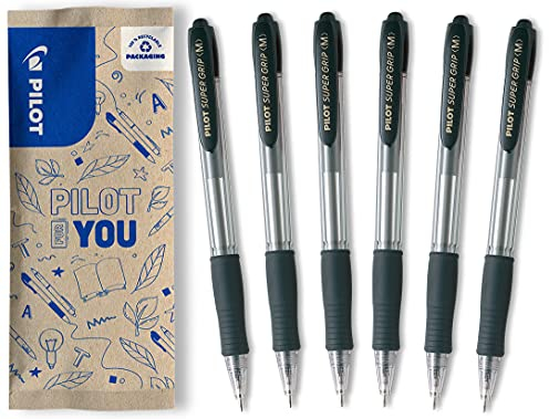 PILOT - Set di 6 Penne a sfera Super Grip - Penna a scatto ricaricabile - Nero - Punta Media