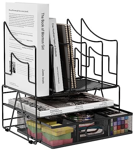 EasyPAG 3 Tier Desktop A4 Office Mesh Desk Tidy File Holder Paper Organiser Magazine Storage Filing Rack with Stationery Drawer,Black