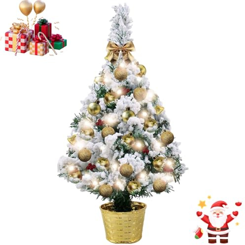 Mini Artificial Christmas Tree Snow Flocked with Lights, 50cm Small Christmas Tree Lighted Battery Operated,Pre-Lit White Fake Pine Tree with Ball Ornaments for Desktop Tabletop(All in One Set)
