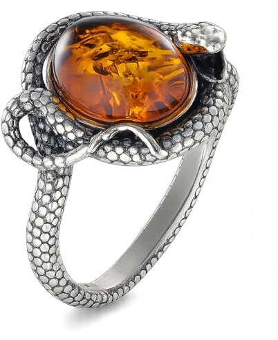 BALTICANA JEWELRY GIA Certified Sterling Silver and Baltic Honey Amber Snake Ring (5.5)