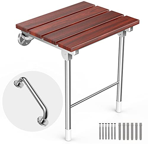 Folding Shower Seat Wall Mount, Foldable Wall Wood Shower Chair Bench for Seniors, Bathroom Safety Shower Stool for Small Shower