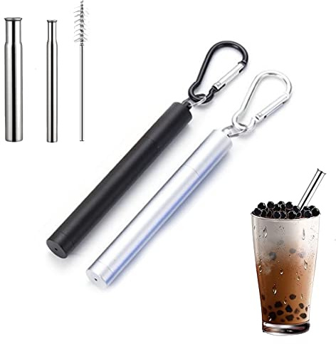 Pajitas Reutilizables,8 pcs Plegables Pillas,Pajitas de Acero Inoxidable,con Estuche de Aluminio para Llavero y Cepillo de Limpieza Telescópico para Viajes, Hogar, Trabajo (Negro y Plateado)