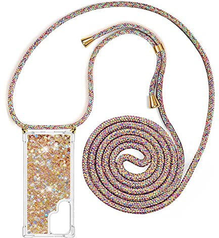 YuhooTech Handykette Hülle Kompatibel mit Samsung Galaxy S22 Ultra Handyhülle - Quicksand Glitzer Hülle mit Band - Silikon Handyhülle mit Kordel Umhängenband - Schnur mit Treibsand Case zum Umhängen